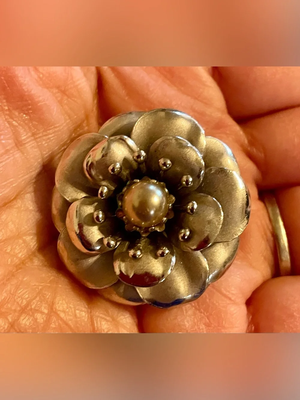 Coro Silver-Tone Floral Brooch with Pearl Center